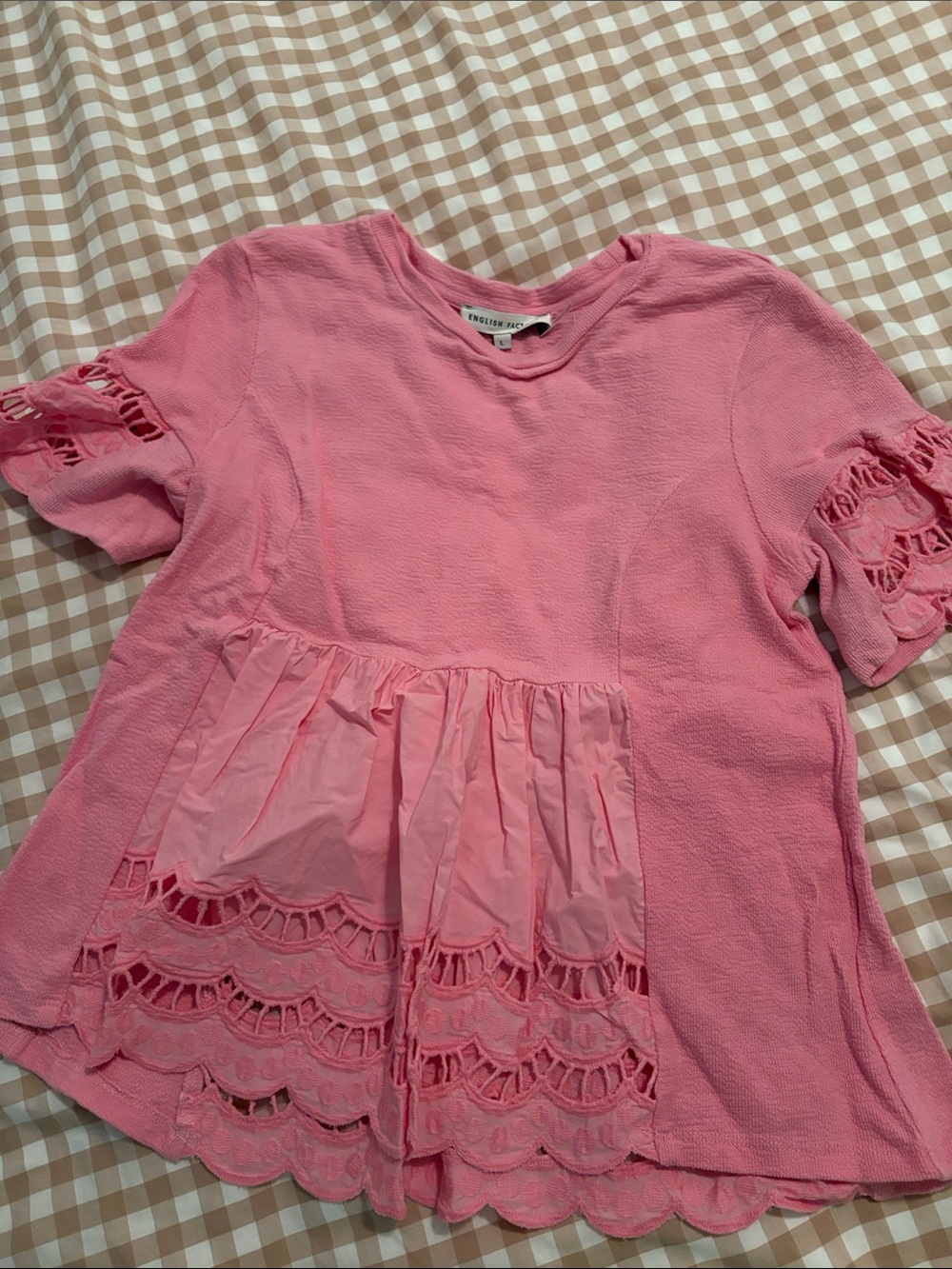 English Factory Pink Lace-Trim Peplum Tee
